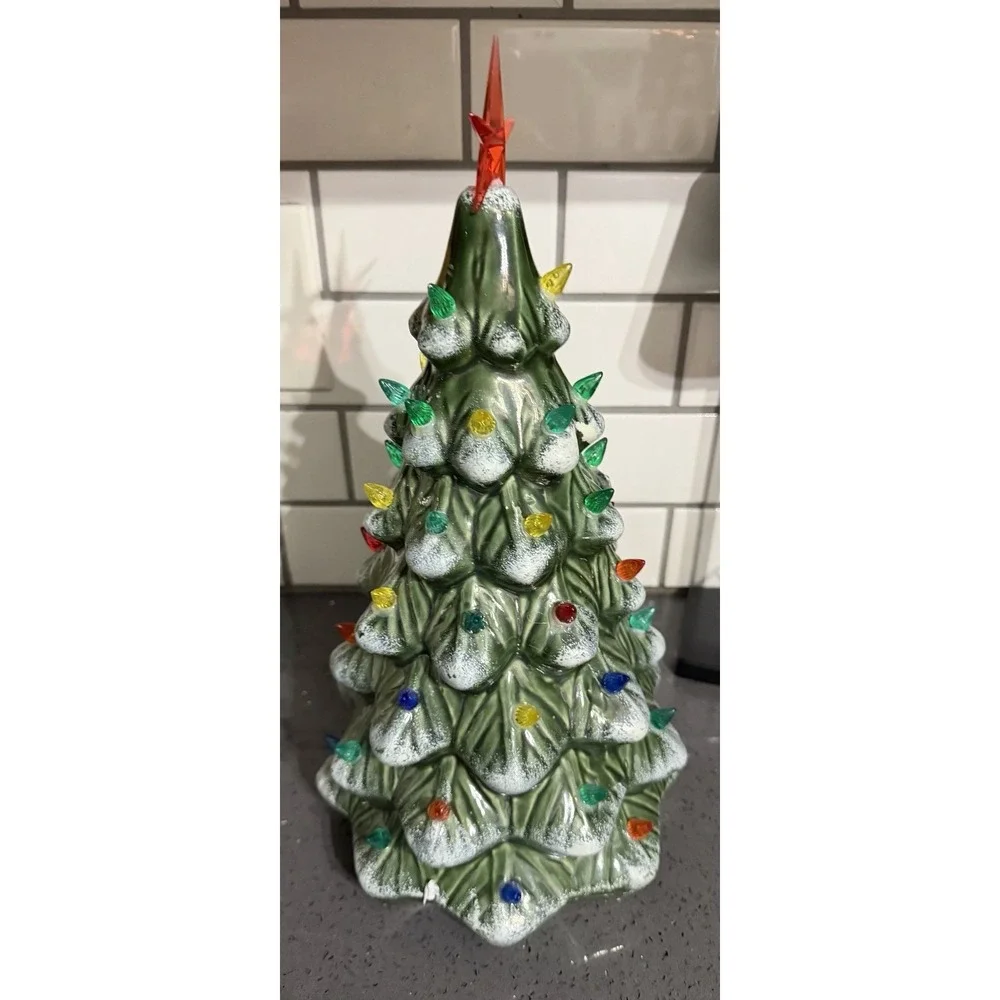 Ceramic Christmas Tree Green With‎ Multi Colored Bulbs Handcrafted Vintage